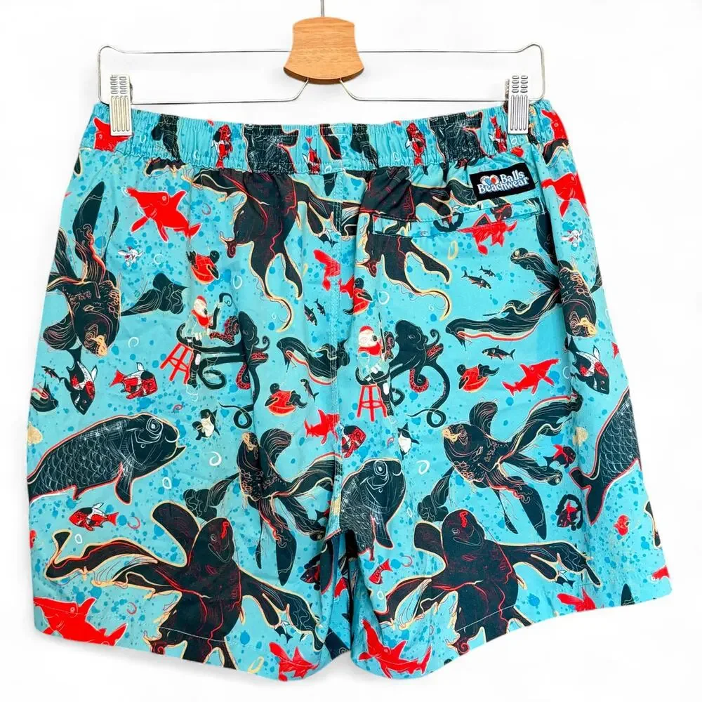 Rare Balls Beachwear Dive School Blue‎ Ocean Print Swim Trunks Barstool Sports L